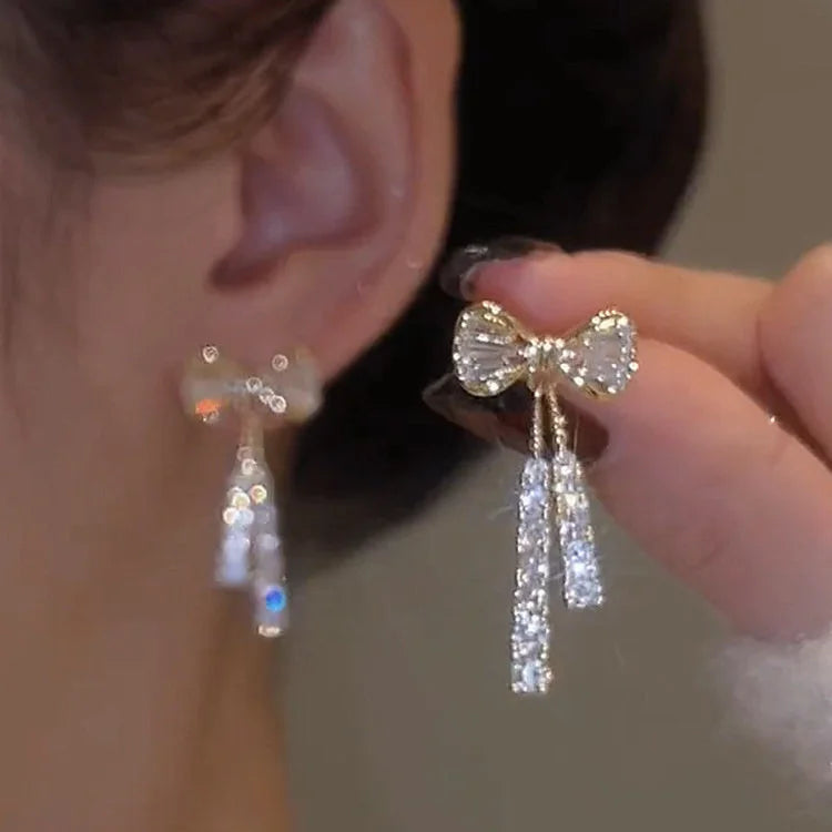 Women Exquisite Rhinestone Bow Dangle Earrings